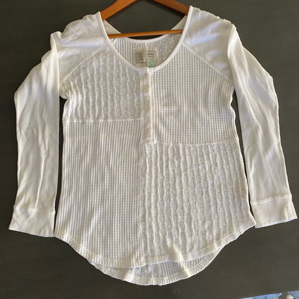Saturday Sunday Anthropologie White Mixed Media Waffle Knit Henley Top Small